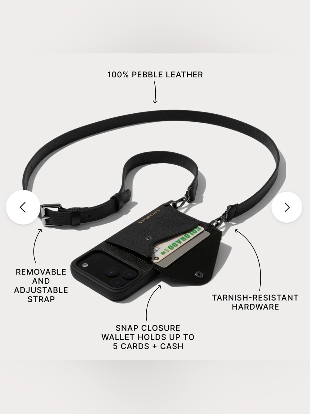 Bandolier Black Crossbody Phone Case Gold Hardware Card Pocket 14 PRO Hailey - Picture 5 of 8